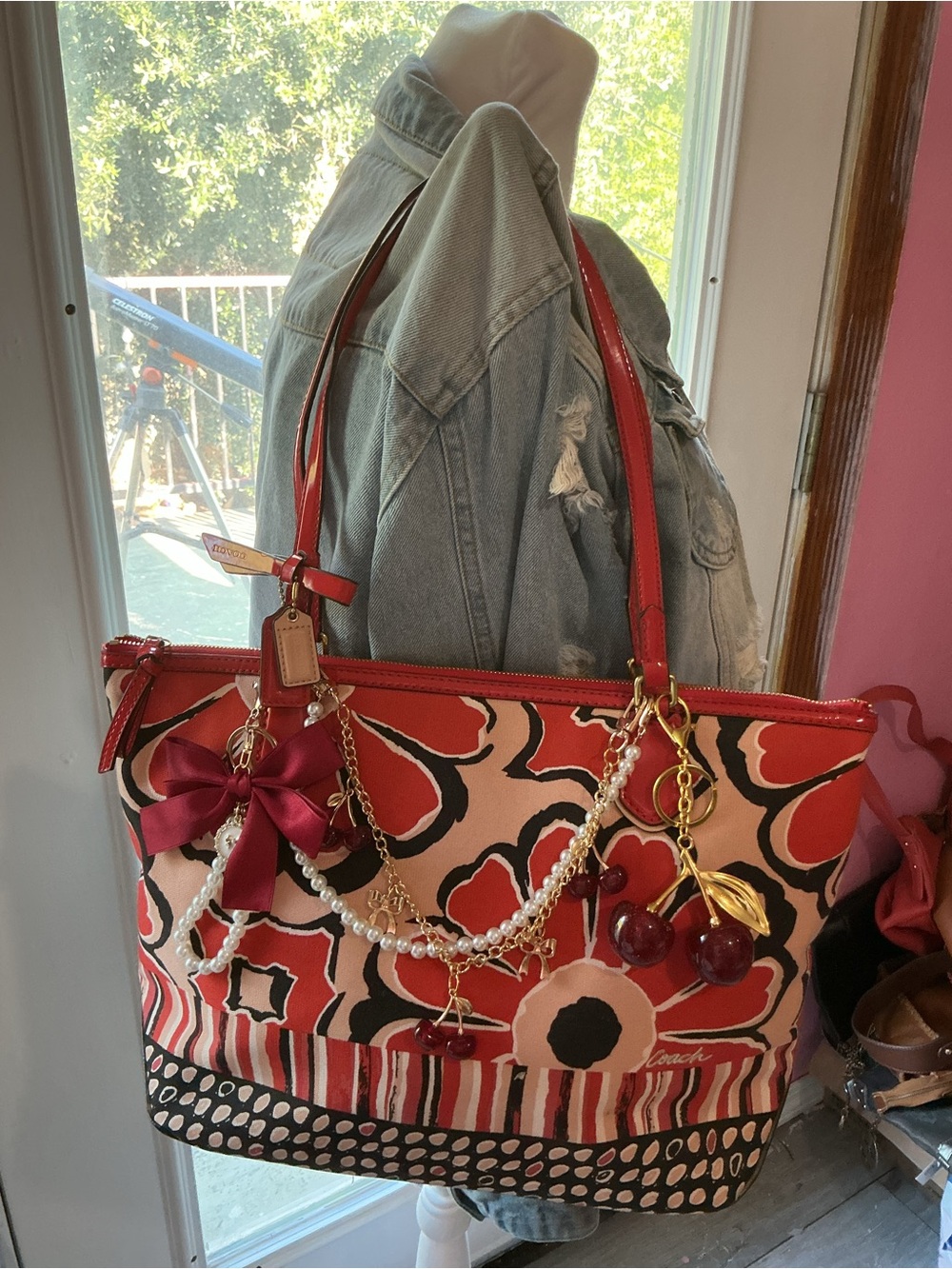 Coach Red Floral Tote with Cherry and Pearl Charms